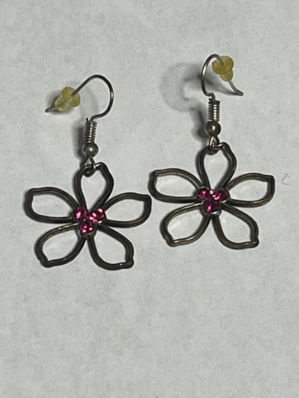 VTG Floral Antiqued Metal 3 Pink Rhinestones Wired Dangle Earrings .75"x1.5"